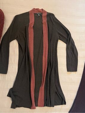 Eileen Fisher Brown Cardigan Duster Rose Trim Lyocell Silk Lagenlook Modern